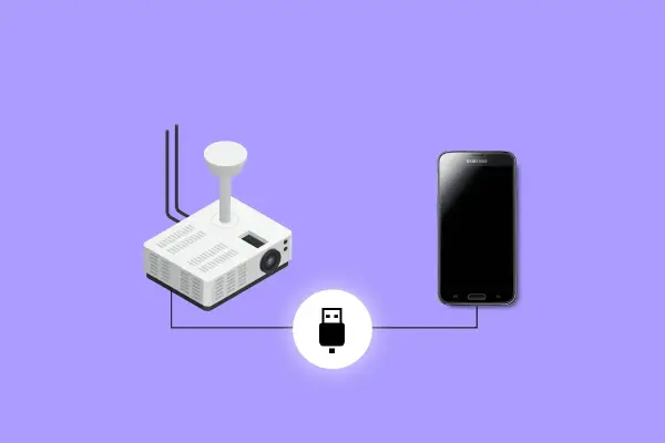 Ilustracja pokazuje, jak połączyć telefon z projektorem za pomocą kabla USB. Prosty schemat połączenia.