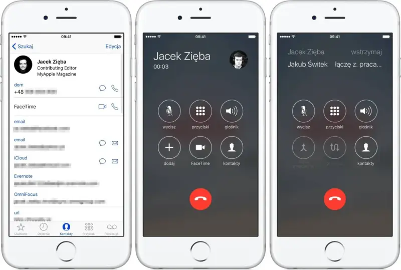 Trzy ekrany iPhone'a pokazujące kontakt i rozmowę. Dowiedz się, jak włączyć nagrywanie rozmów w telefonie.