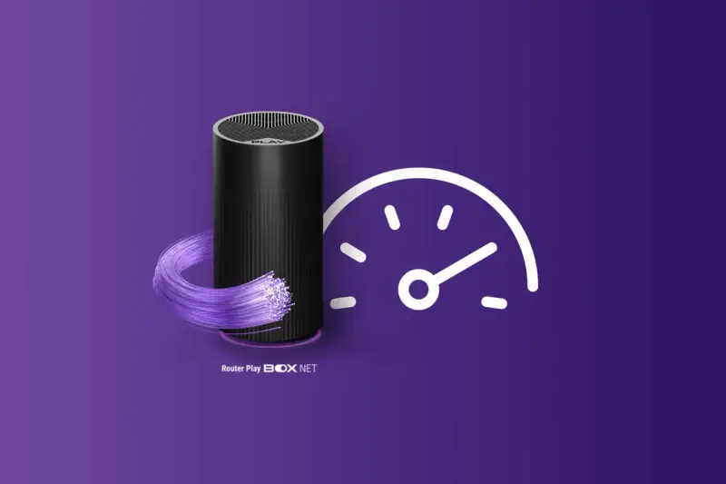 Router Play BOX NET z światłowodem i ikoną prędkościomierza. Dowiedz się, jak zwiększyć prędkość internetu.
